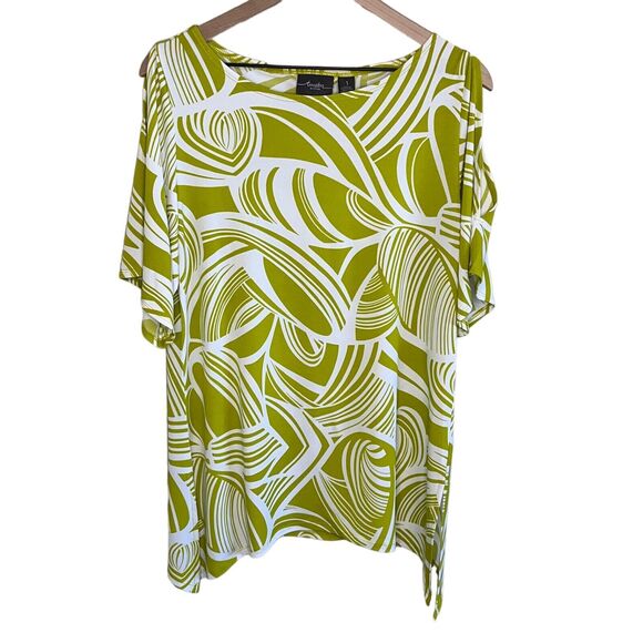 Chico's Tops - Chico's Travelers Top Size 1 (M) Chartreuse Abstract Print Cold Shoulder Stretch